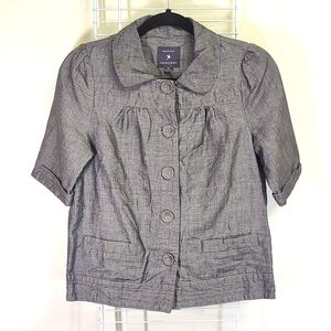 Forever 21 Medium Gray Linen Blend Chambray Short Puff Sleeves Jacket w Pockets
